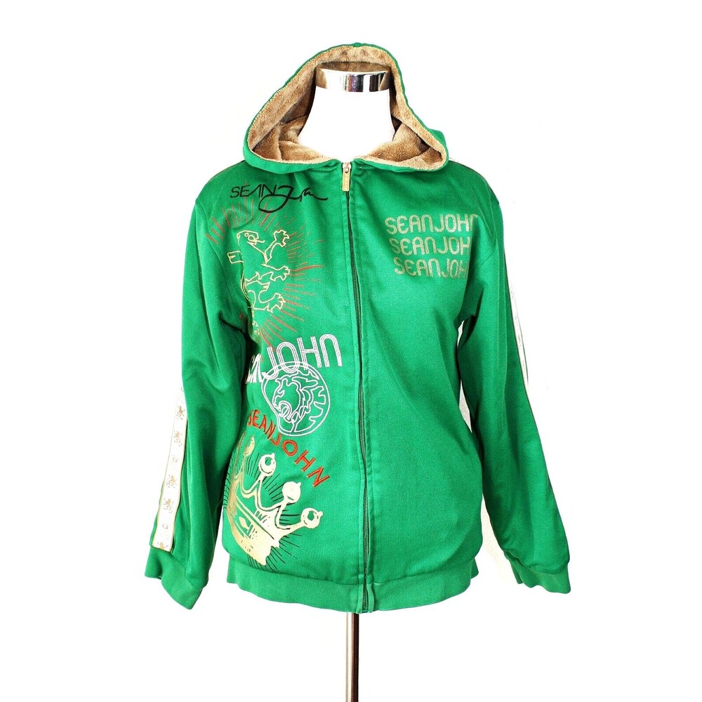 Y2K VTG SEAN JOHN Junior Hooded Jacket Sz. L (14/ 16) Zip Front Green Faux Fur